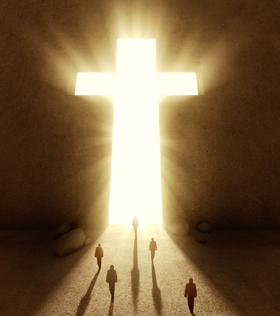 A glowing cross with people walking towards it